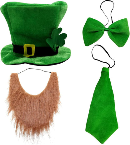 4-piece accessory set: green leprechaun hat, false beard, bow tie, and scarf