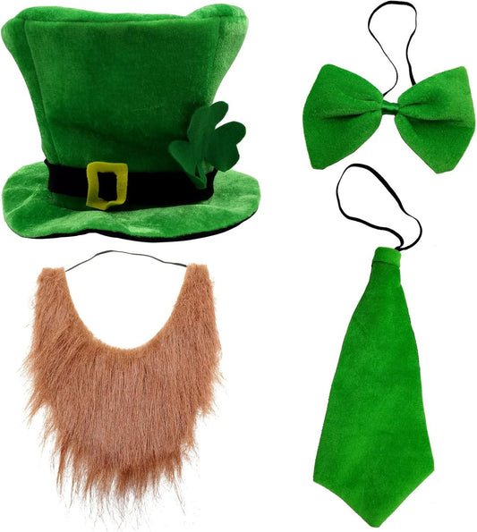 4-piece accessory set: green leprechaun hat, false beard, bow tie, and scarf