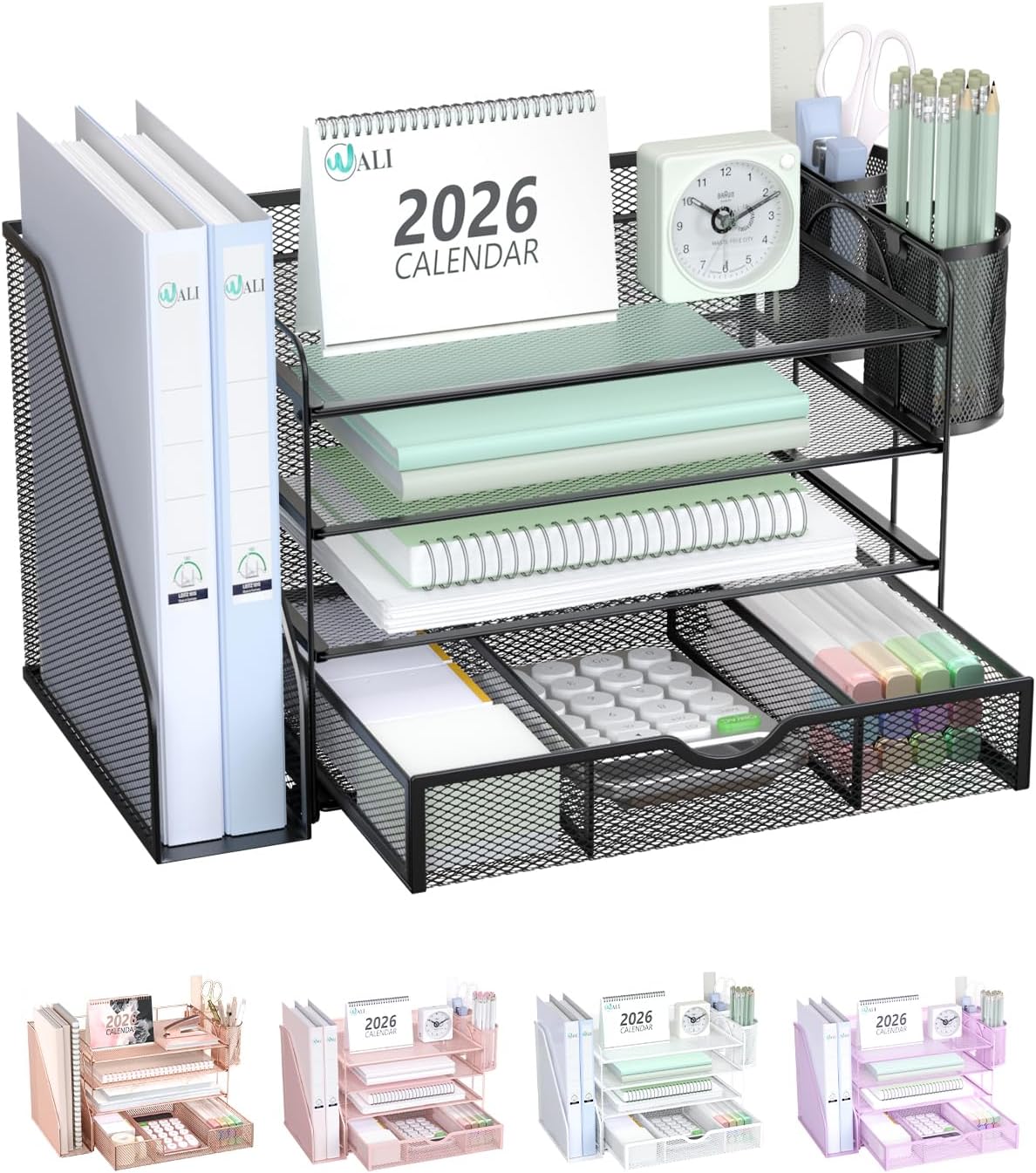 4 tier letter trays with vertical file folder organizer for layered document storage