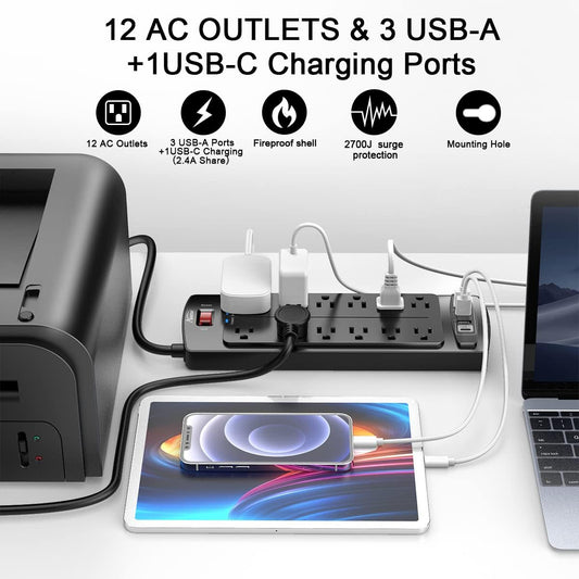 4 usb charging ports (1 usb-c at 3a max, 3 usb-a at 2.4a max) with smart auto-detect charging