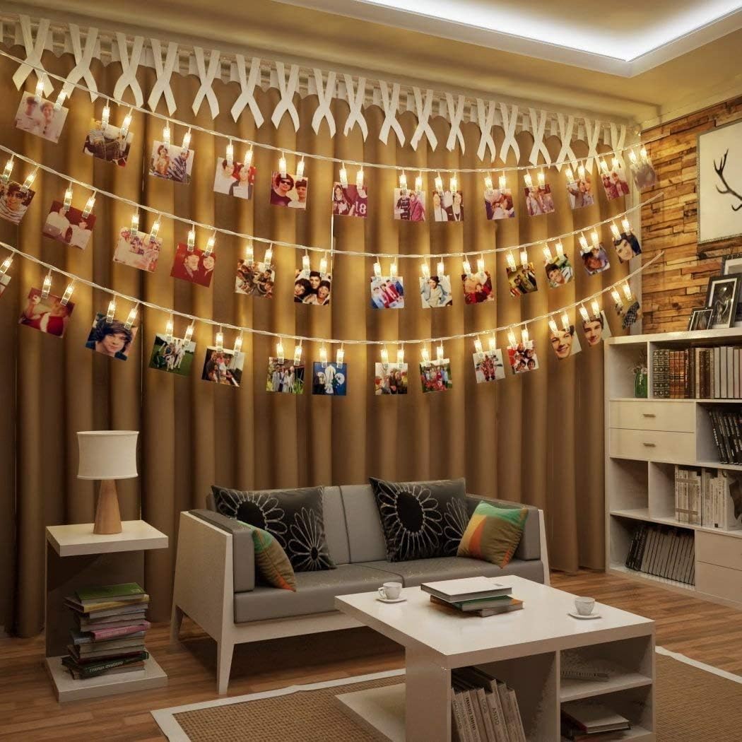 40 transparent clips integrated along the strand for hanging photos, cards, and memos