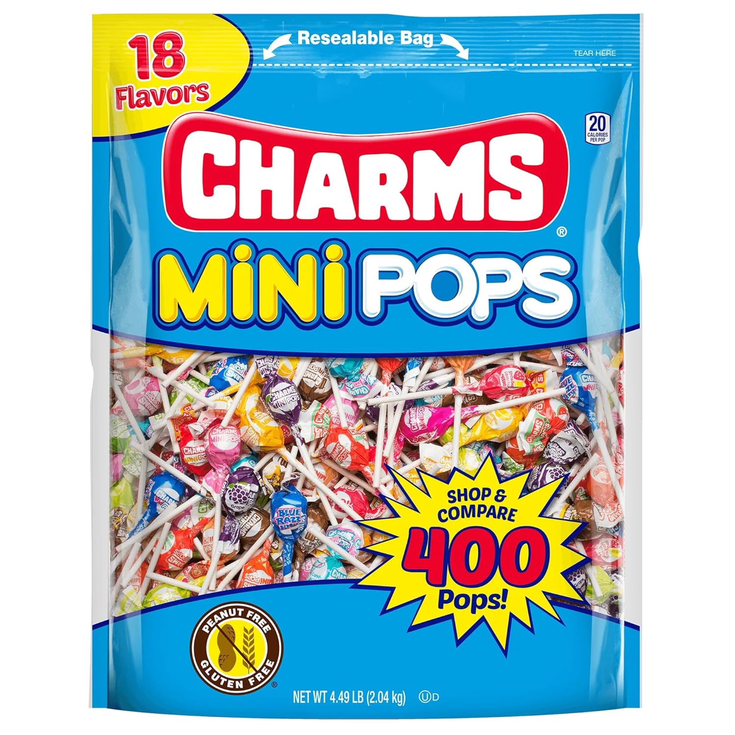 400 individually wrapped mini lollipop pops in a single 4.5 lb resealable bag