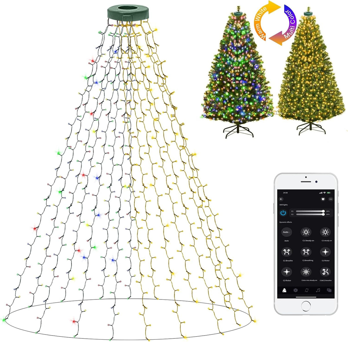 400 led halo configuration across 6.56ft with 16 drops, designed for 6-7ft trees
