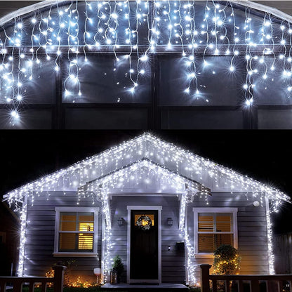 400 leds across 32ft with 75 hanging drops for a dense icicle/curtain effect