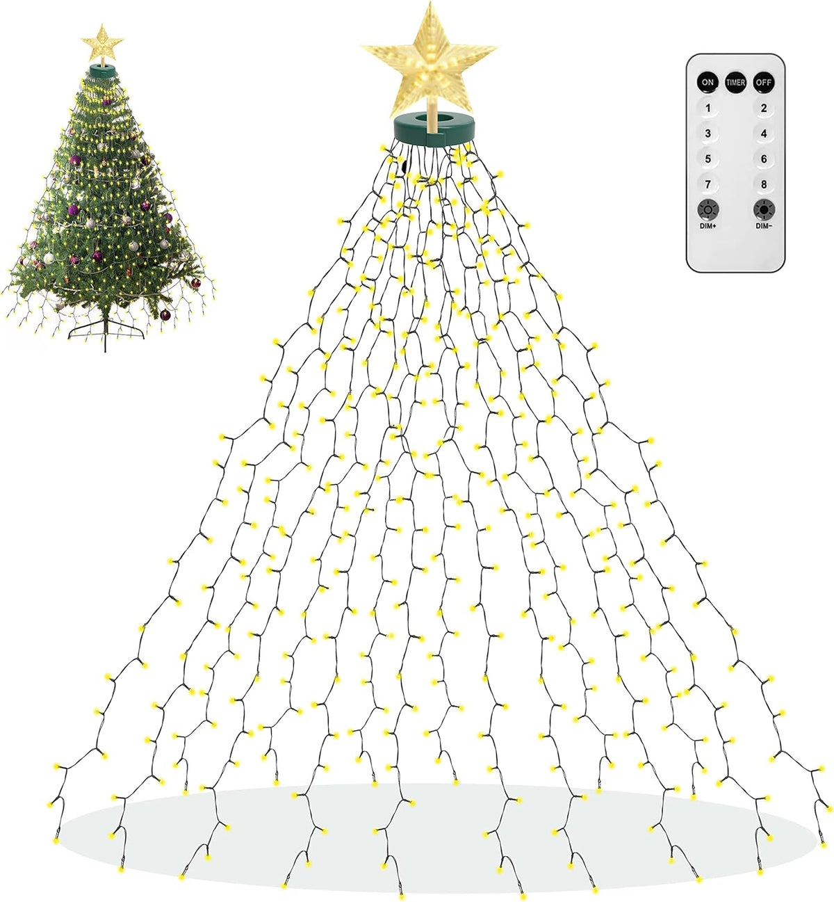 410 total leds (16 strands x 25 leds + 10-led star topper), each strand 6.6ft