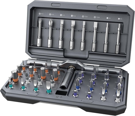 42 precision bits including phillips, slotted, torx, and hex in 8 long and 32 short variants