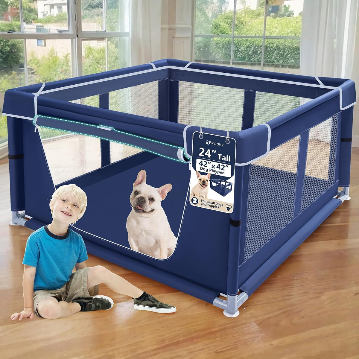 42x42 inch square footprint with 25.6-inch height, providing 12.25 sq ft of play area