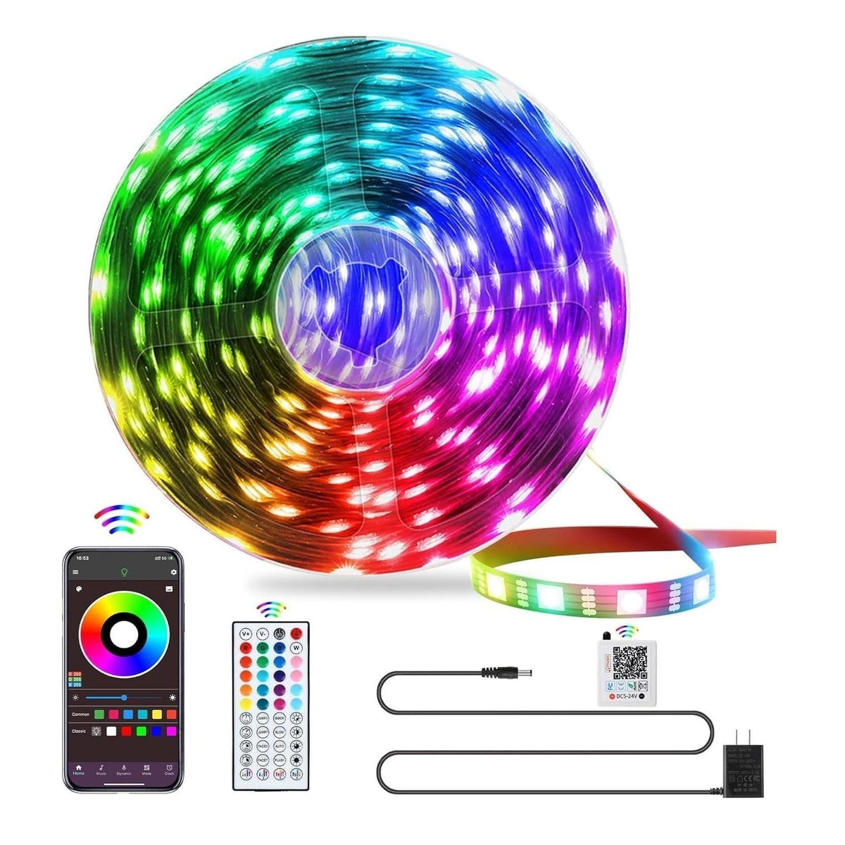 44-key ir remote control with 3-meter range offering 20 preset colors and 14 lighting modes
