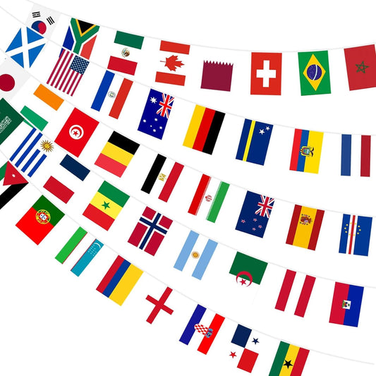 48 country flags representing all 2026 world cup qualified nations on a single 49.2 ft string