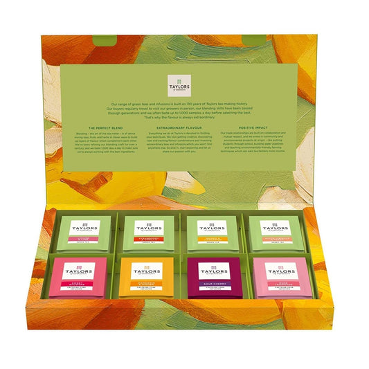 48 individually wrapped tea bags across 8 flavor varieties (sweet rhubarb, rose lemonade, mandarin & ginger, sour cherry, strawberry & vanilla, white hibiscus & peach, mango & cardamom, lychee & lime)