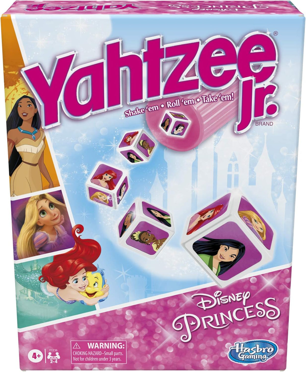 5 dice printed with disney princess character faces plus a dice cup for shaking