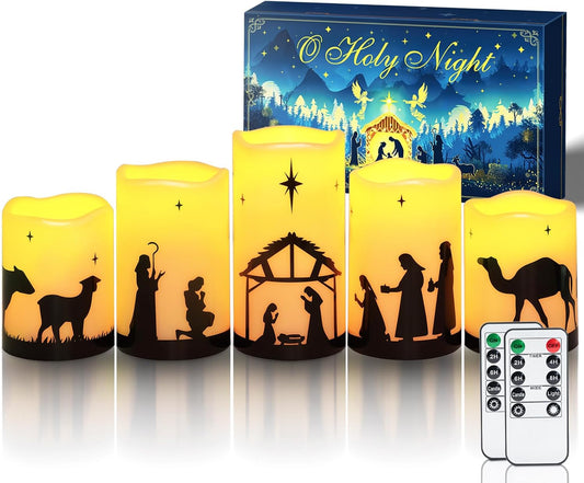 5 flameless led pillar candles in graduated heights (4", 5", 6") wrapped in nativity scene design