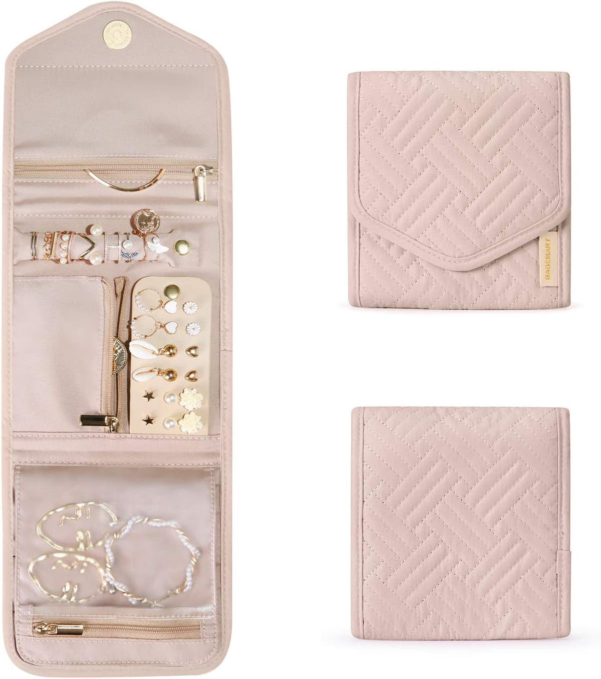 5 organizational zones: ring buckled band, earring panel, necklace buckled strap, transparent zip pouch, and long zip pocket