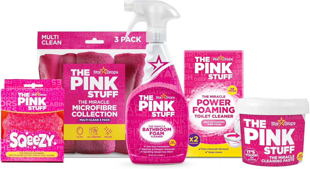 5-piece bundled kit: cleaning paste, bathroom foam spray, toilet foaming powder, sqeezy sponge, and 3-pack microfiber cloths