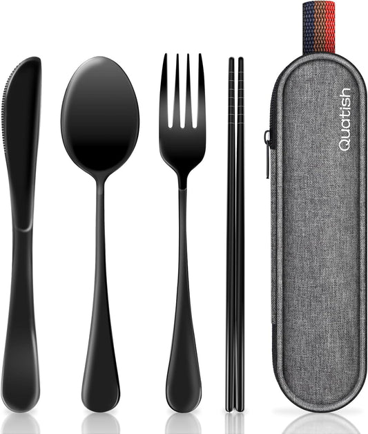 5-piece set: adult-sized fork, spoon, knife, chopsticks, and carrying case