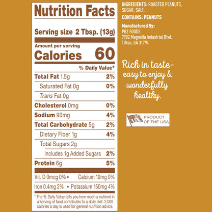 50 calories per serving with 90% reduced fat vs traditional peanut butter