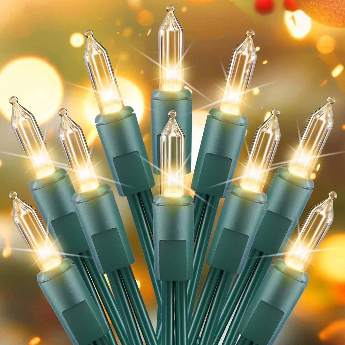 50 incandescent mini bulbs spaced 3 inches apart on a 12-foot string