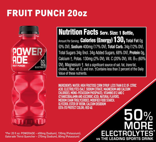 50% more electrolytes per 20 fl oz versus the leading sports drink (400mg sodium, 130mg potassium)