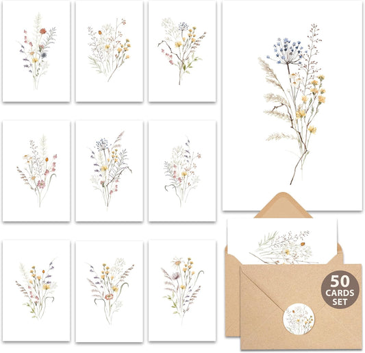 50-pack complete bundle: cards, kraft envelopes, and sealing stickers