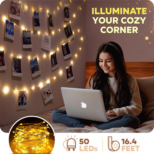 50 transparent photo clips, 6 wall hooks, and 12 adhesive strips included in box
