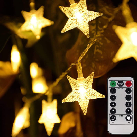 50 warm white five-pointed star led beads across 25 ft of transparent copper wire