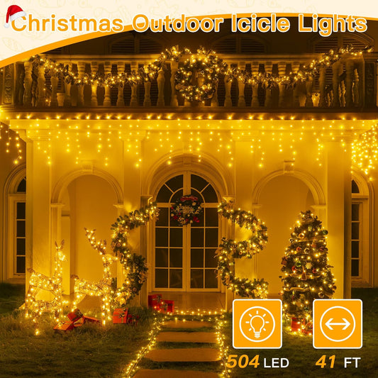 504 leds across 84 icicle drops over 41ft main strand plus 16.4ft extension cord
