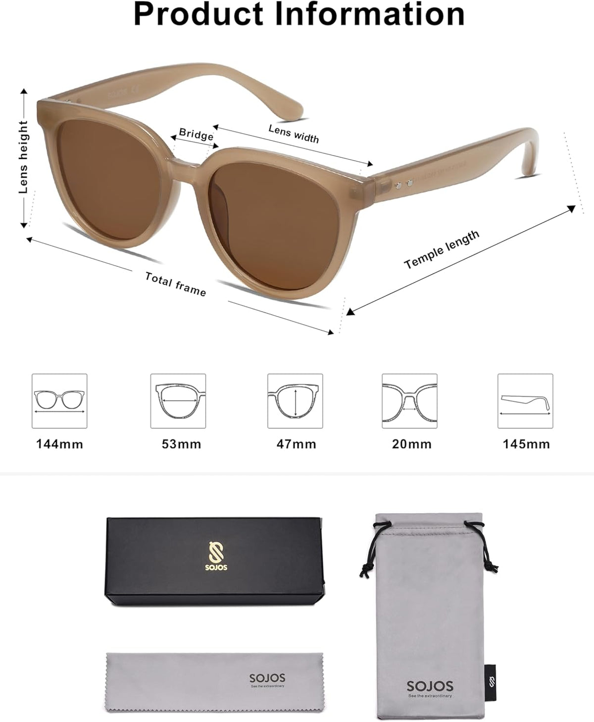 53mm lens width suited to standard women's face sizing