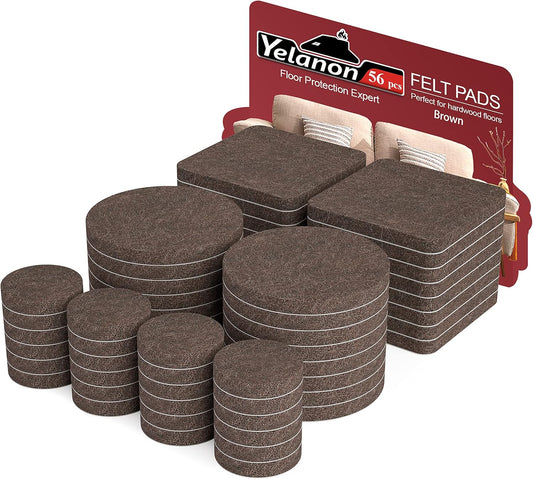 56-piece assortment: 24x 1" round, 16x 2" round, 16x 2"x2" square felt pads