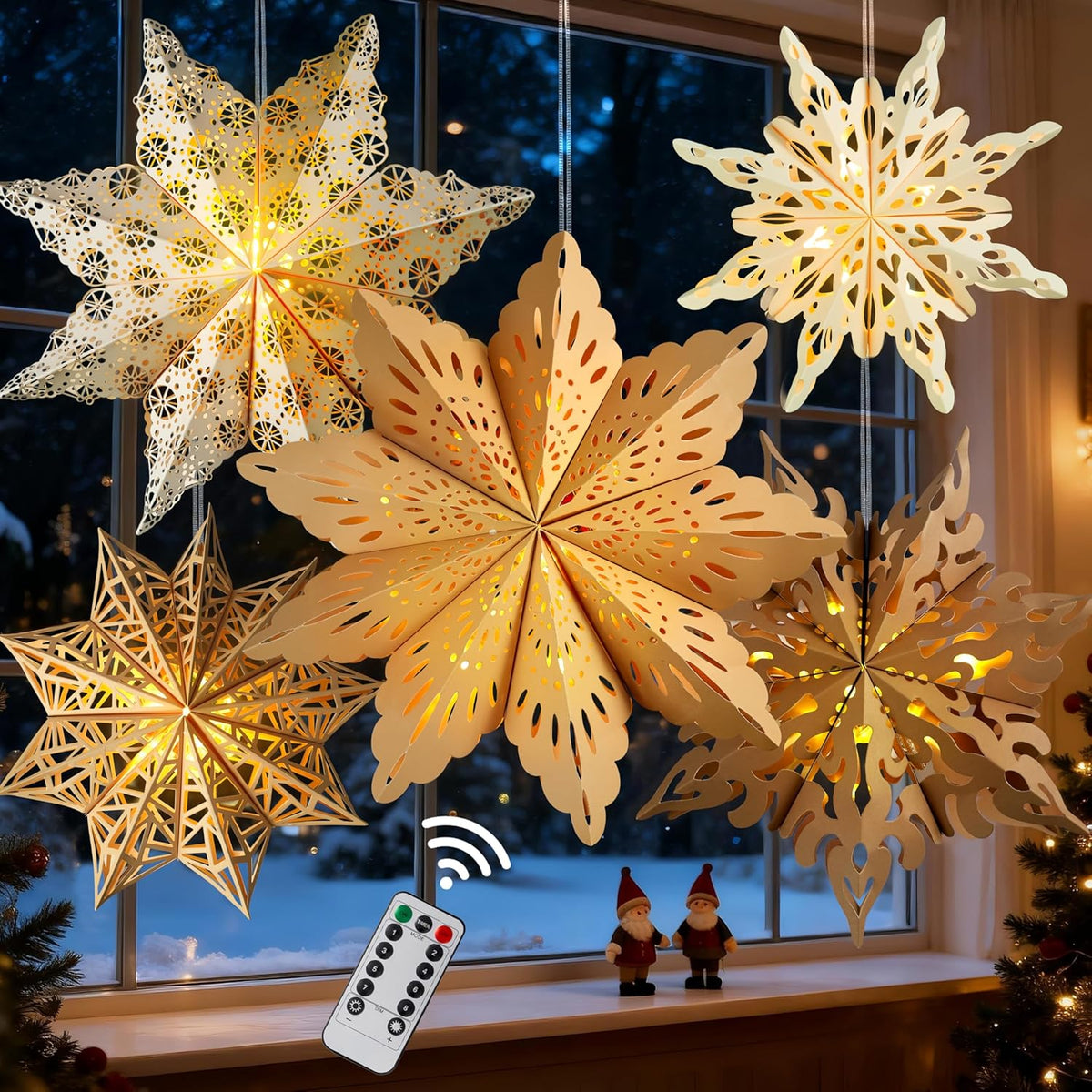 5Pcs Frozen-Themed Paper Snowflake Lanterns with LED – Flame-Free Party Backdrop and Kids Bedroom Decor, No Burn Risk