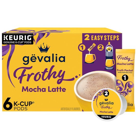 6-count box pairing k-cup coffee pods with separate mocha latte froth packets