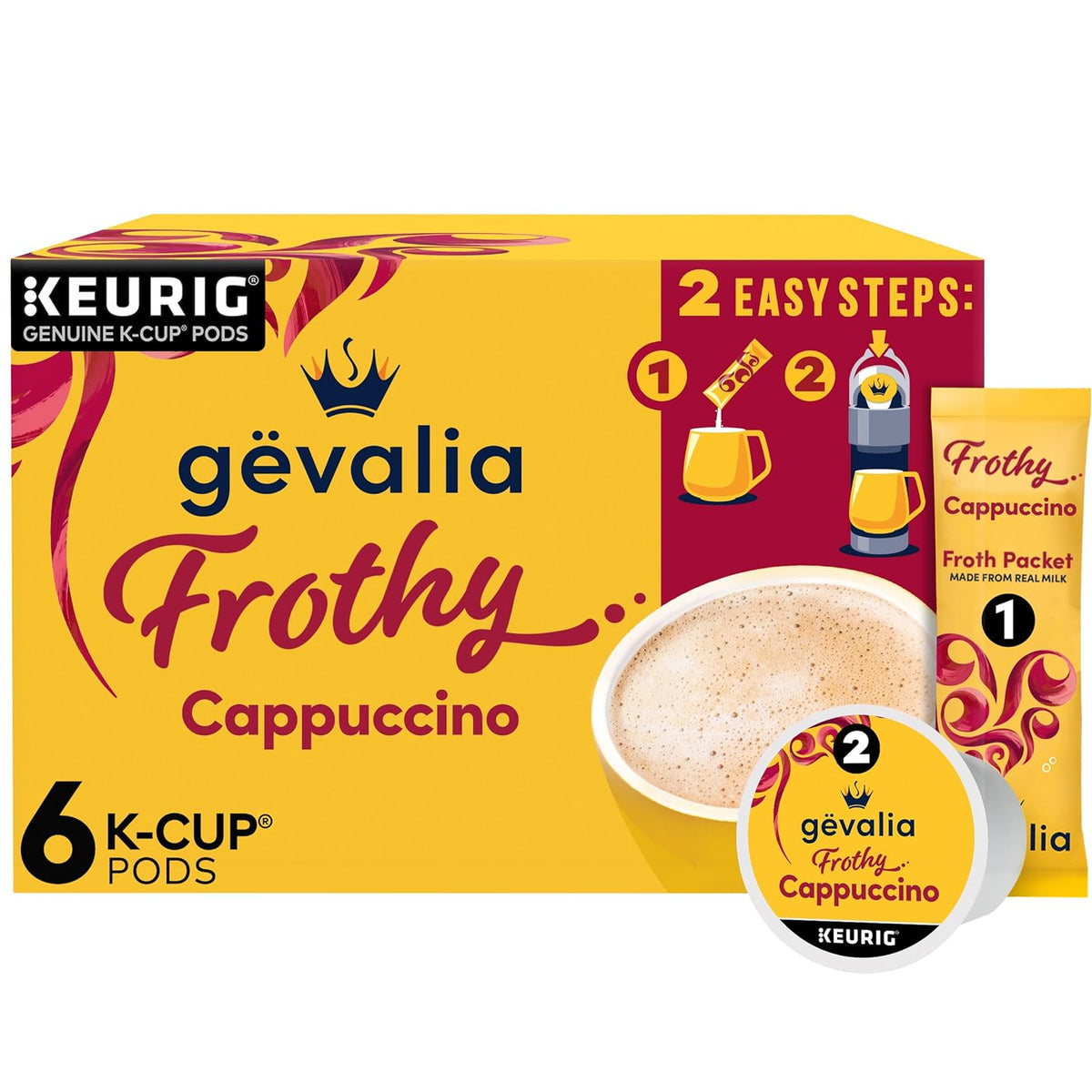 6-count kit pairing k-cup espresso-style pods with 6 real-milk froth packets