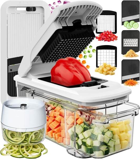6 interchangeable 420j stainless steel blades (fine dicer, medium dicer, grater, coarse shredder, julienne, slicer) with 11-in-1 variant adding extra functions