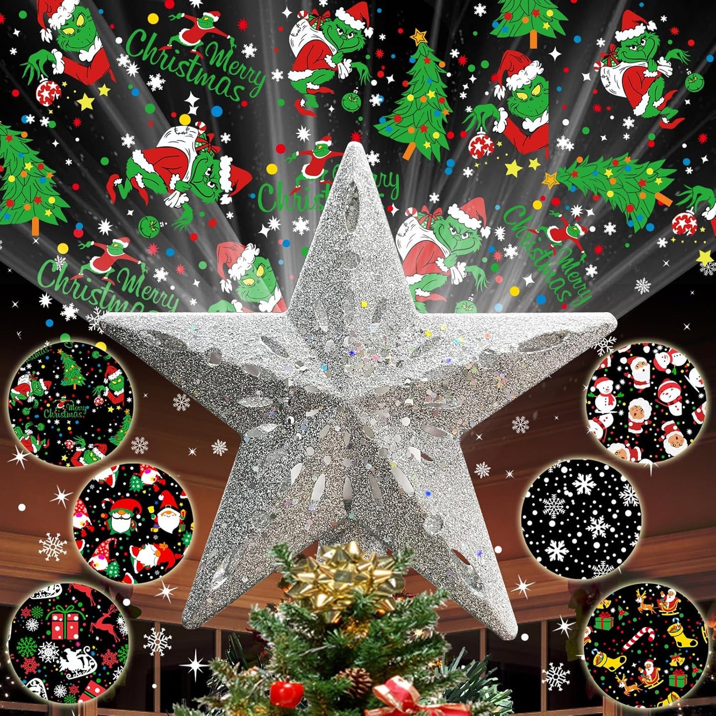 6 interchangeable projection pattern cards (elf, santa, gnome, reindeer, stocking, snowflake)