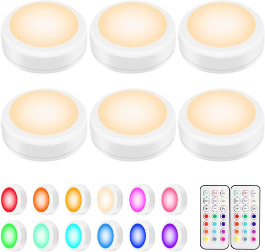6 led puck lights powered by 3 aa batteries each (up to 100 hours runtime)