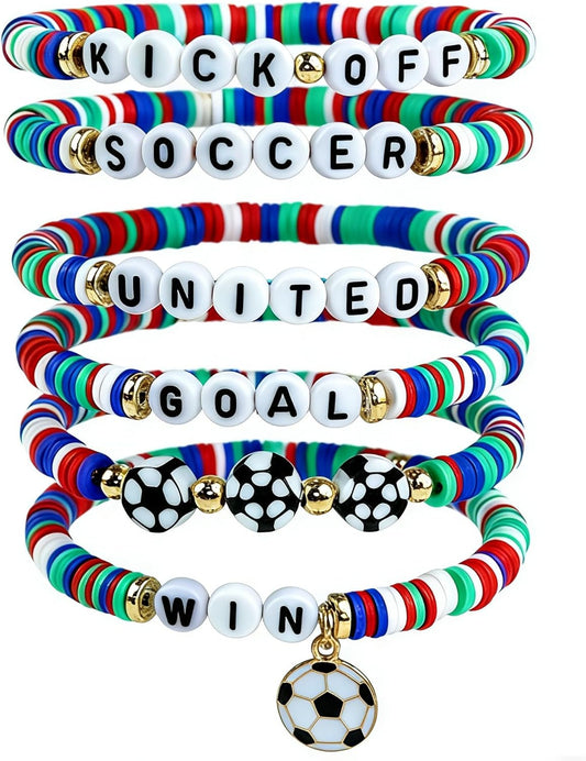 6-pack bracelet set with polymer clay, acrylic letter, and metal charm beads
