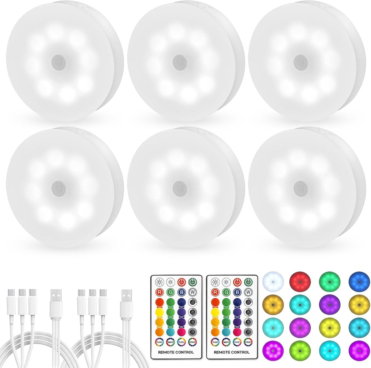 6-pack rechargeable led puck lights with 3w output at 5v