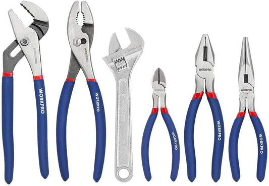 6-piece set including 10" water pump pliers, 10" slip joint pliers, 8" long nose pliers, 8" linesman pliers, 6" diagonal cutting pliers, and 8" adjustable wrench