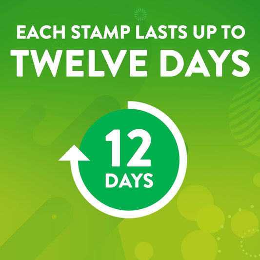 6-stamp gel dispenser providing up to 12 days of action per stamp (72 days total per 1-pack, 144 days per 2-pack)
