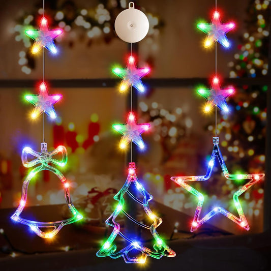 60 multicolor led bulbs distributed across 3 silhouette pieces (bell, tree, star shapes)