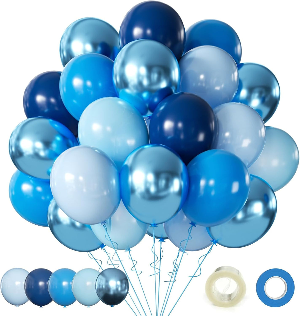 60-piece assortment split evenly across 5 blue shades (12 metallic chrome, 12 light blue, 12 blue, 12 navy, 12 pearl)