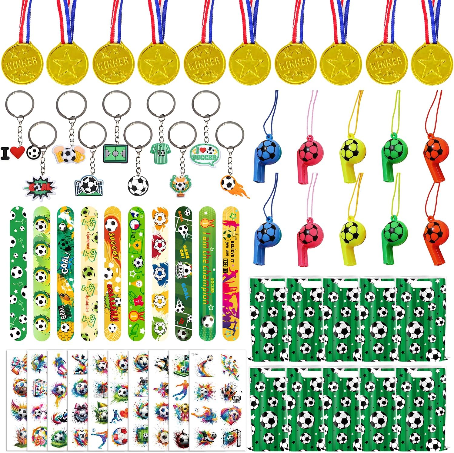 60-piece total count with 10 units each of keychains, slap bracelets, whistles, tattoo stickers, and goodie bags