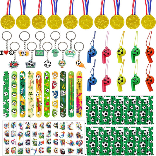 60-piece total count with 10 units each of keychains, slap bracelets, whistles, tattoo stickers, and goodie bags