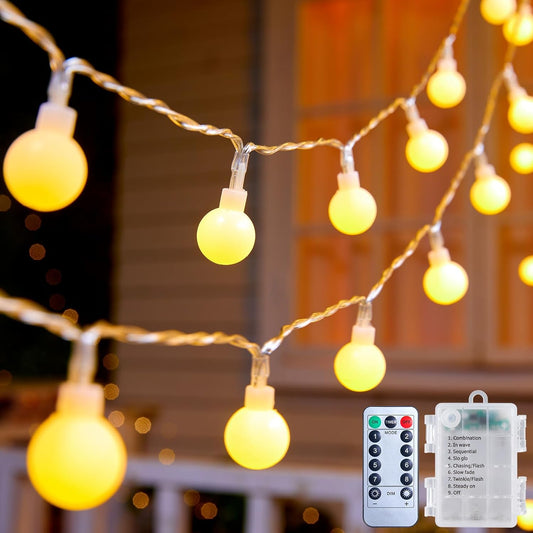 60 warm white led bulbs on shatterproof plastic globes (0.73 inch diameter, 3.9 inch spacing)