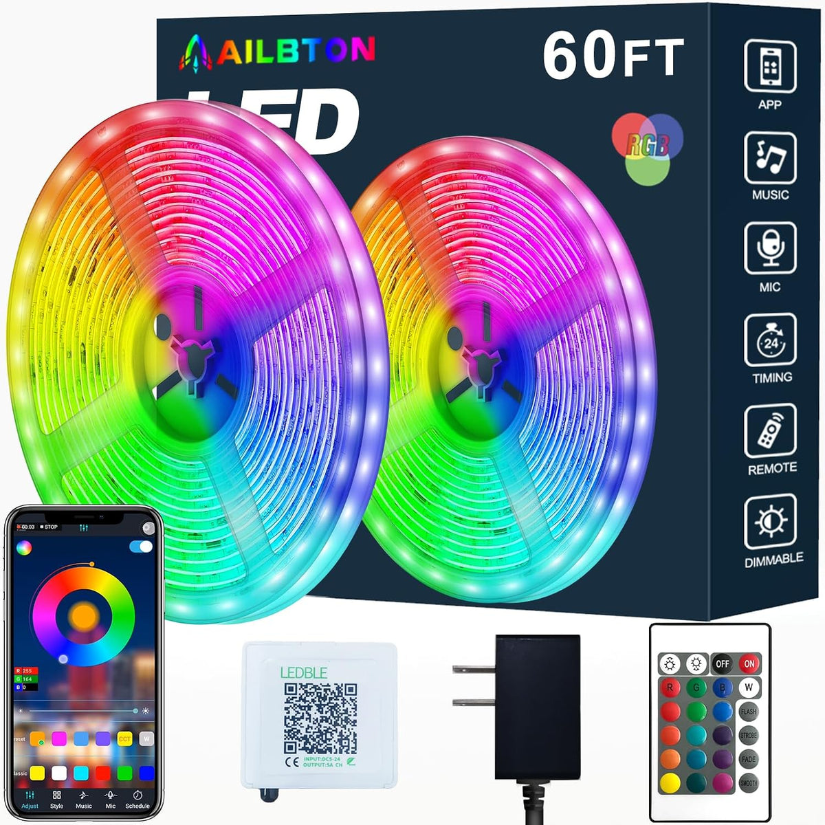 60ft length with 360 smd 5050 rgb leds (cuttable every 3 leds along marked lines)