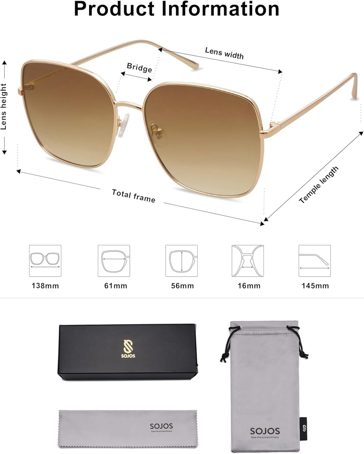 61mm lens size suited to wider face shapes and the oversized styling trend
