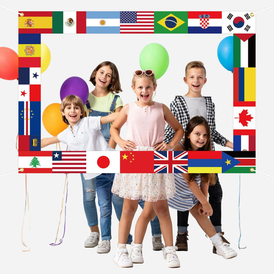 62 x 42.5 inch (158 x 108 cm) polyester fabric panel with world flags border and blank center
