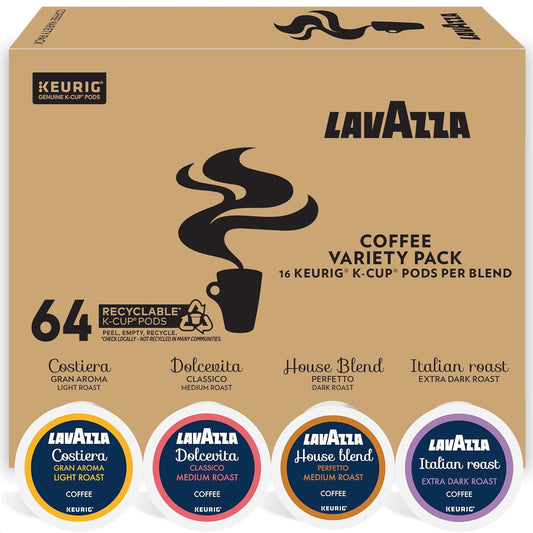 64 k-cup pods total split evenly across 4 blends (16 pods each)