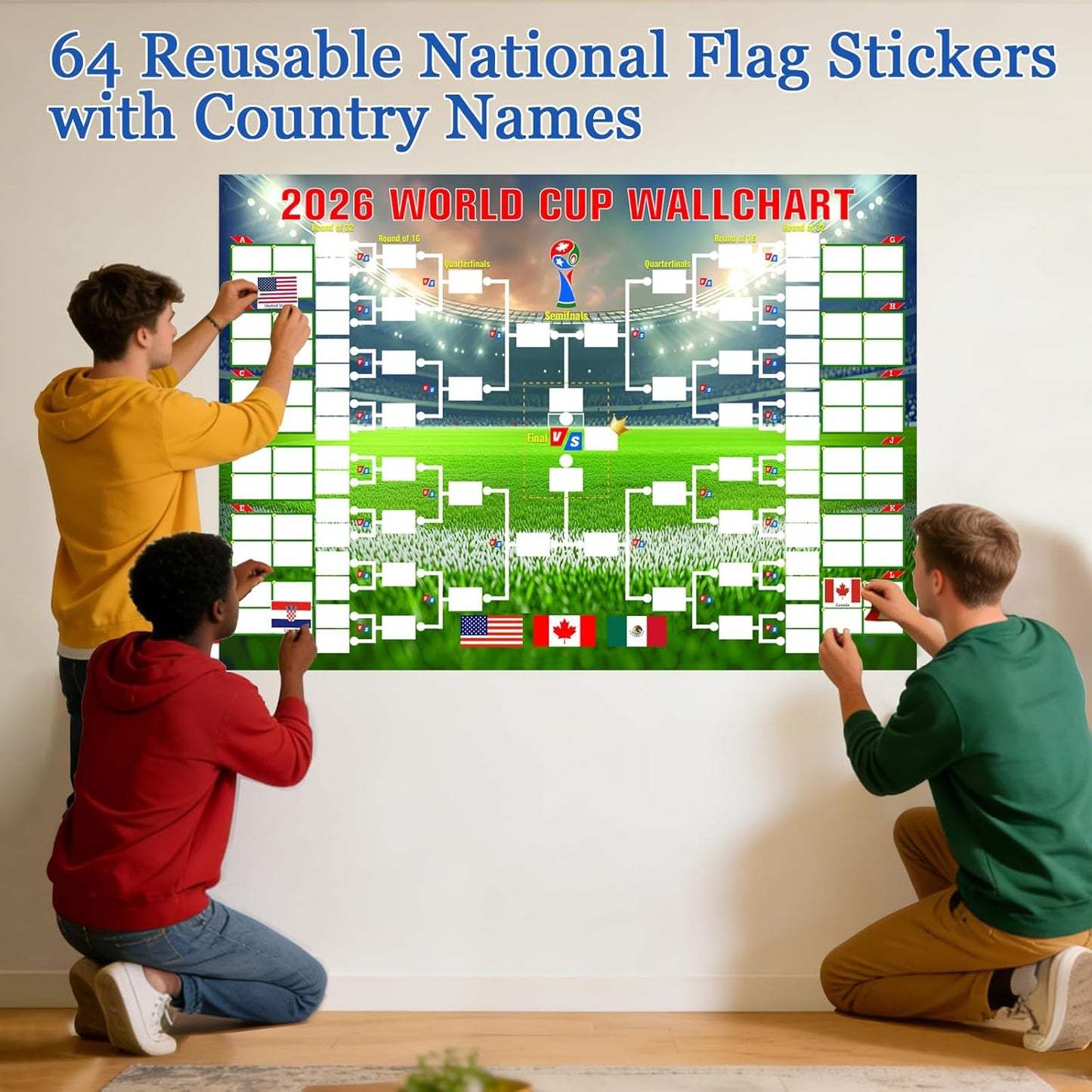 64 reusable national flag stickers pre-printed with country names