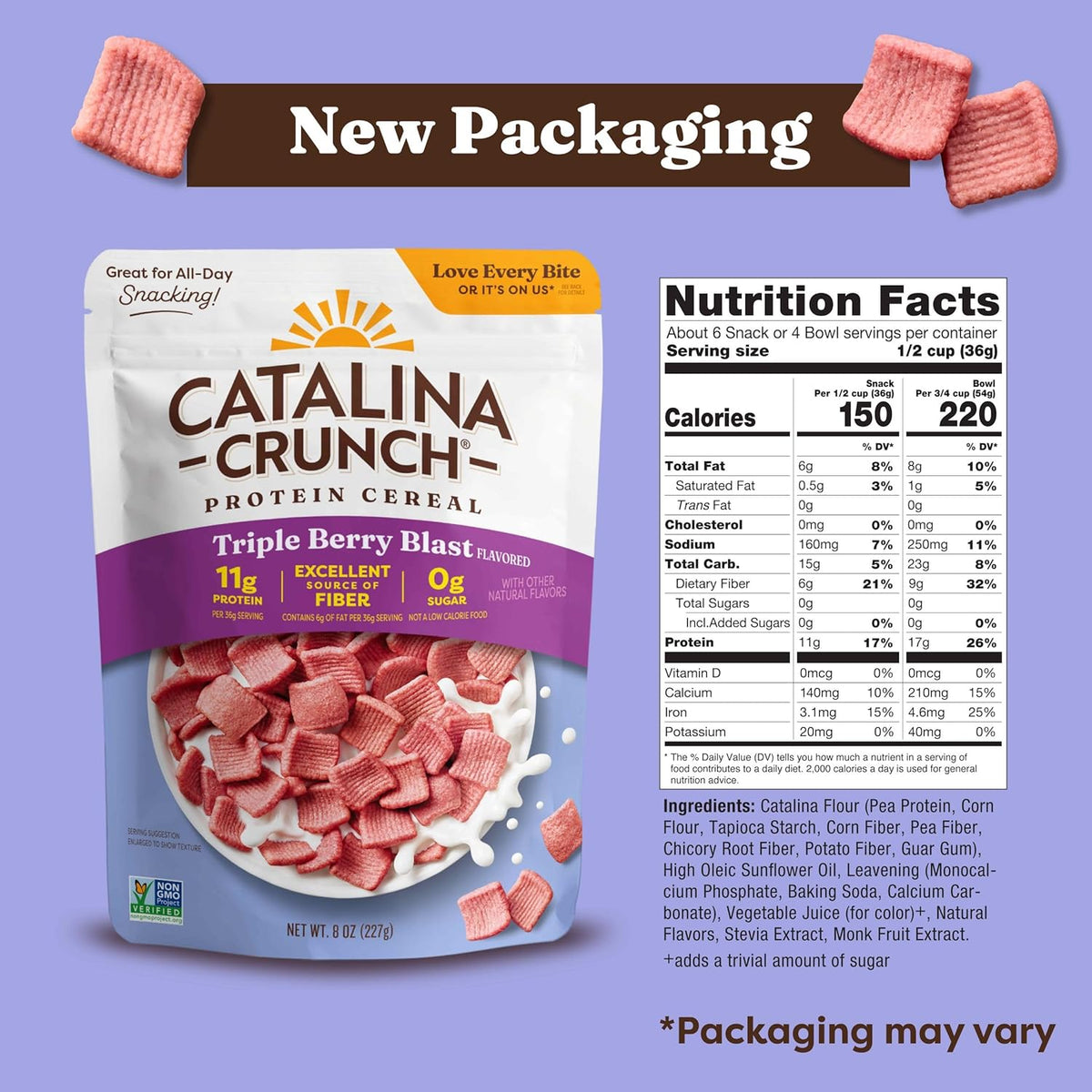 6g of fiber per 1/2 cup serving from corn, pea, chicory root, and potato fiber