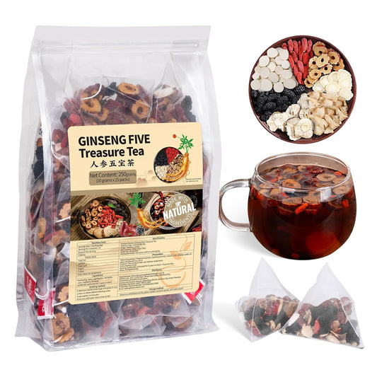 7-ingredient tcm formula combining ginseng, wolfberry, yam, red dates, huang jing, mulberry, and maca